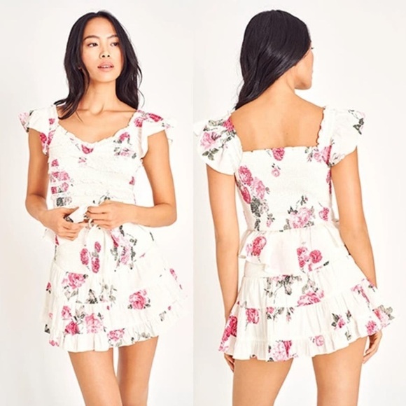 LoveShackFancy Aldana Smocked Floral White and Paradise Pink Mini Skirt 🌸 Small - Picture 4 of 16